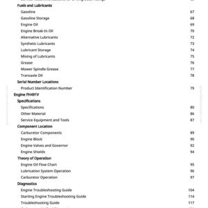 Pu&ograve; includere: Una pagina di manuale con un sommario dettagliato. Le sezioni includono "Carburanti e lubrificanti", "Posizioni dei numeri di serie" e "Posizione dei componenti". I numeri di pagina sono allineati a destra.