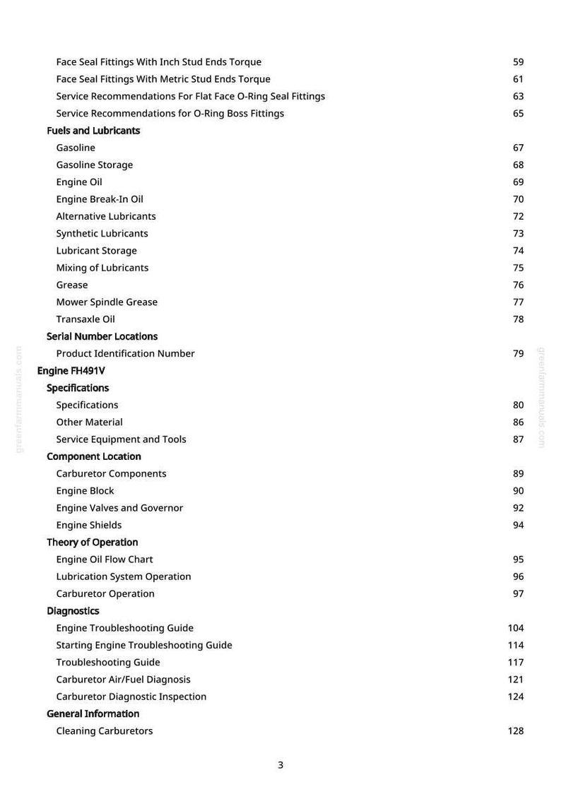 Pu&ograve; includere: Una pagina di manuale con un sommario dettagliato. Le sezioni includono "Carburanti e lubrificanti", "Posizioni dei numeri di serie" e "Posizione dei componenti". I numeri di pagina sono allineati a destra.