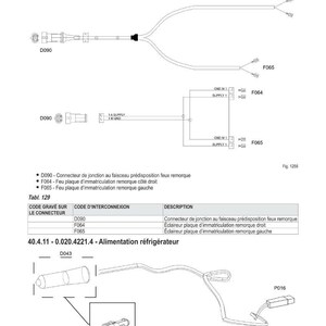 May include: Diagram of electrical schematics for a trailer, including wiring for license plate lights and a refrigerator. The diagram includes connectors, wiring, and labels such as D090, F064, and F065. Text in French.