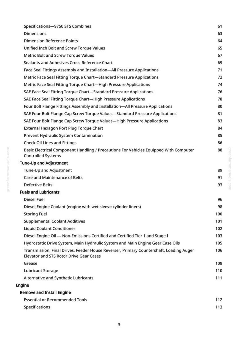 May include: A page from a manual with a table of contents. The text includes specifications, dimensions, torque values, and information on fuels, lubricants, and engine components. The page number is 3.