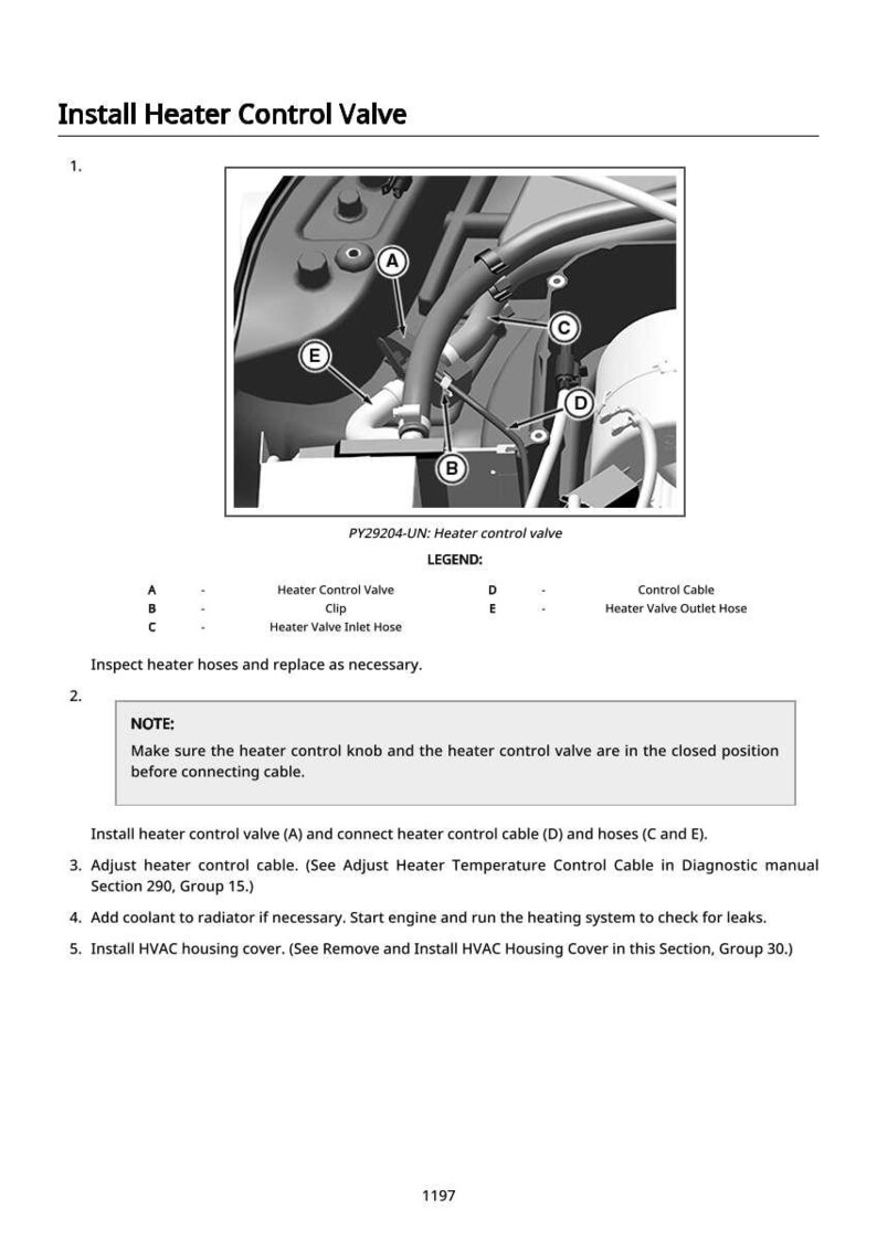 May include: Diagram illustrating the installation of a heater control valve, with labeled components A through E. The image includes text instructions and a note about ensuring the heater control knob is closed before connecting the cable.