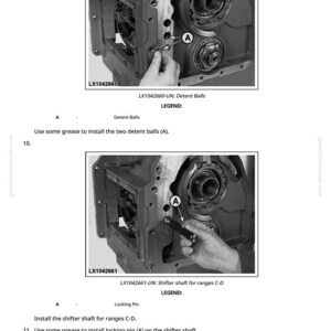 May include: Technical diagram illustrating the installation of detent balls and a shifter shaft. The image features close-up views of mechanical components with labels and instructions. Text includes "LX1042660-UN: Detent Balls" and "LX1042661-UN: Shifter shaft for ranges C-D."
