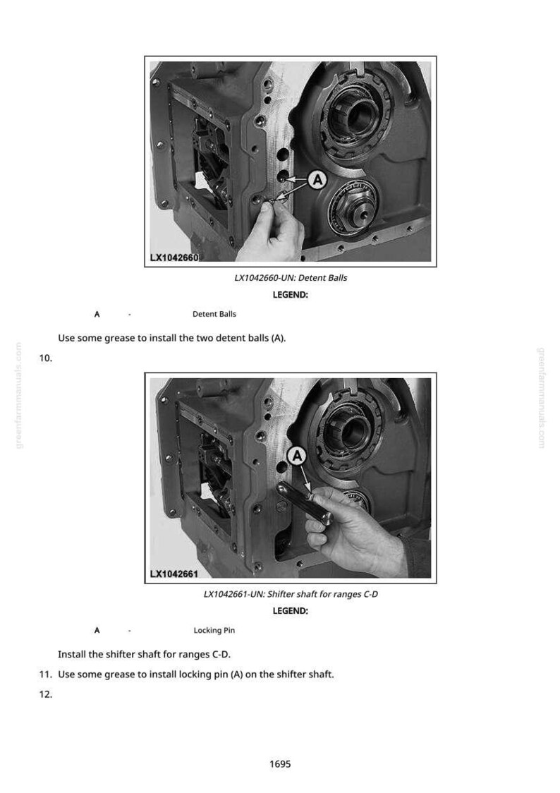 May include: Technical diagram illustrating the installation of detent balls and a shifter shaft. The image features close-up views of mechanical components with labels and instructions. Text includes "LX1042660-UN: Detent Balls" and "LX1042661-UN: Shifter shaft for ranges C-D."