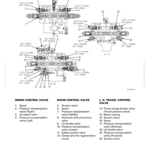 May include: Technical diagram of a control valve assembly, detailing components and torque specifications in Newton-metres. The diagram is divided into swing, boom, and L.H. travel control valve sections. Text includes "Structure, Function, & Maintenance Standard."