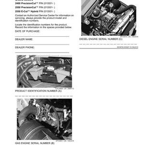 May include: A product identification document for Greens Mowers. The document includes sections for recording identification numbers, including the date of purchase, dealer name, and dealer phone. Images of engine components are also included.