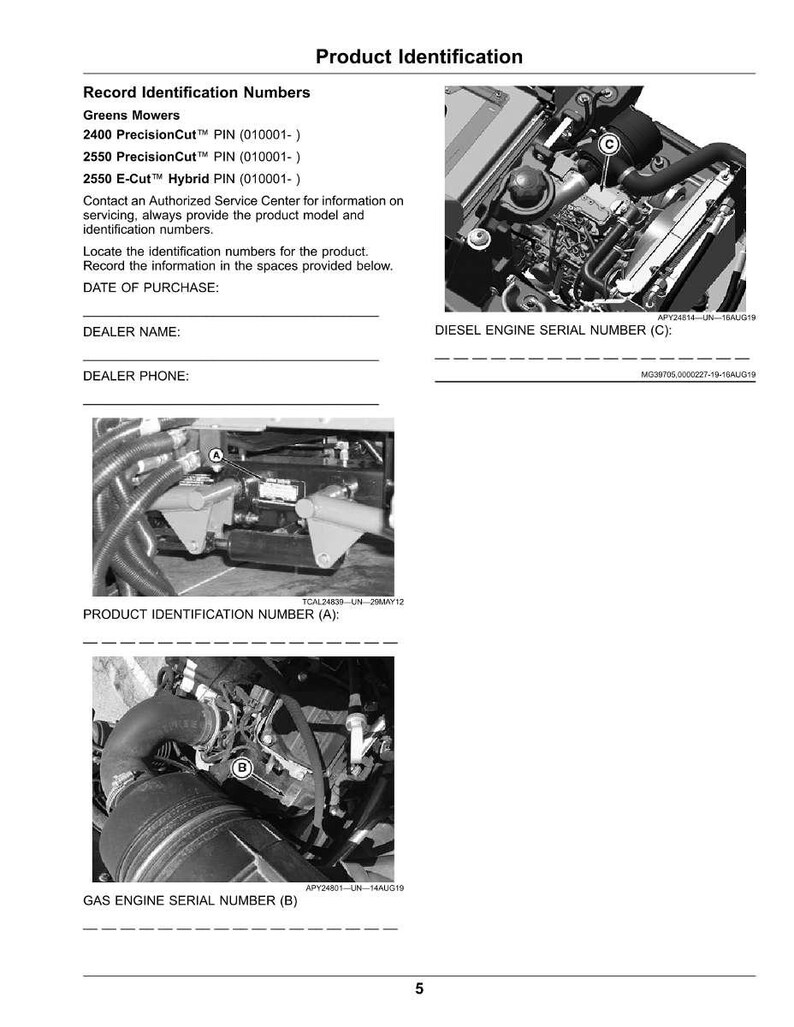 May include: A product identification document for Greens Mowers. The document includes sections for recording identification numbers, including the date of purchase, dealer name, and dealer phone. Images of engine components are also included.