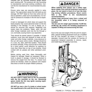 May include: An illustration of a typical tire handler, a type of forklift, with a tire and rim assembly. The image includes safety warnings and instructions for tire maintenance and handling, including inflation and storage.