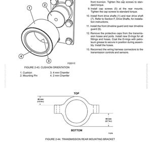 May include: Technical diagram of a cushion orientation and transmission rear mounting bracket. The cushion diagram shows a cylindrical component with labels. The bracket diagram shows a circular component with dimensions of 46 mm (1.8 in.) and 69 mm (2.7 in.).