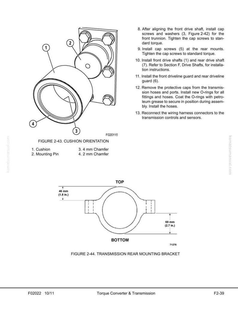 May include: Technical diagram of a cushion orientation and transmission rear mounting bracket. The cushion diagram shows a cylindrical component with labels. The bracket diagram shows a circular component with dimensions of 46 mm (1.8 in.) and 69 mm (2.7 in.).