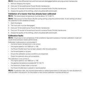 May include: A page from a Massey Ferguson tractor manual with calibration instructions. The text describes procedures for immediate validation and validation of a calibrated tractor. It also lists calibration faults and conditions. The page number is 16.