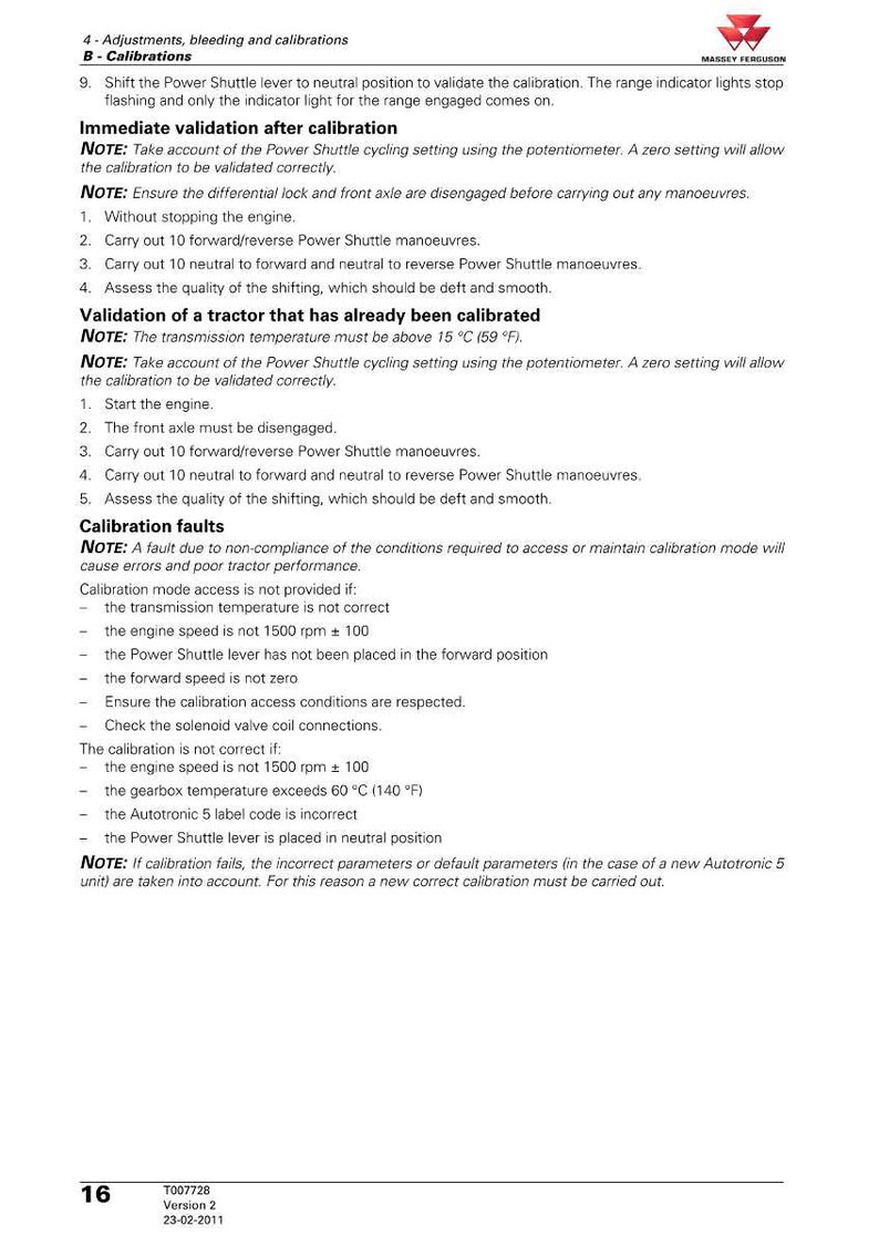 May include: A page from a Massey Ferguson tractor manual with calibration instructions. The text describes procedures for immediate validation and validation of a calibrated tractor. It also lists calibration faults and conditions. The page number is 16.