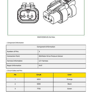 May include: Technical diagram of an electrical connector, labeled RXA0103538-UN: End View. The diagram shows the connector's end view and a table with component and circuit information, including pin numbers, circuits, and wire colors.