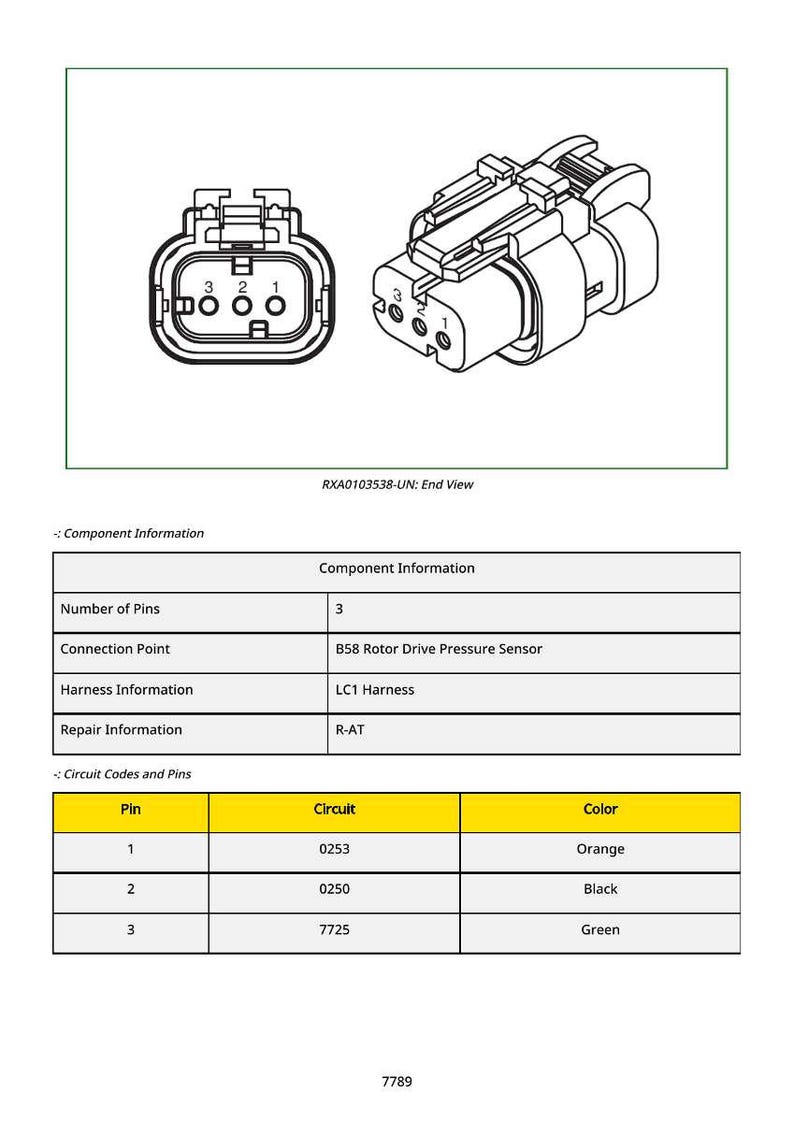 May include: Technical diagram of an electrical connector, labeled RXA0103538-UN: End View. The diagram shows the connector's end view and a table with component and circuit information, including pin numbers, circuits, and wire colors.