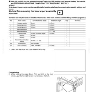 Pode incluir: Um diagrama t&eacute;cnico detalhado com instru&ccedil;&otilde;es para remover e instalar um conjunto de limpador de para-brisa dianteiro. O documento inclui uma lista de ferramentas padr&atilde;o com especifica&ccedil;&otilde;es, &acirc;ngulos de inser&ccedil;&atilde;o e quantidades. O texto inclui as etapas e um diagrama do para-brisa.