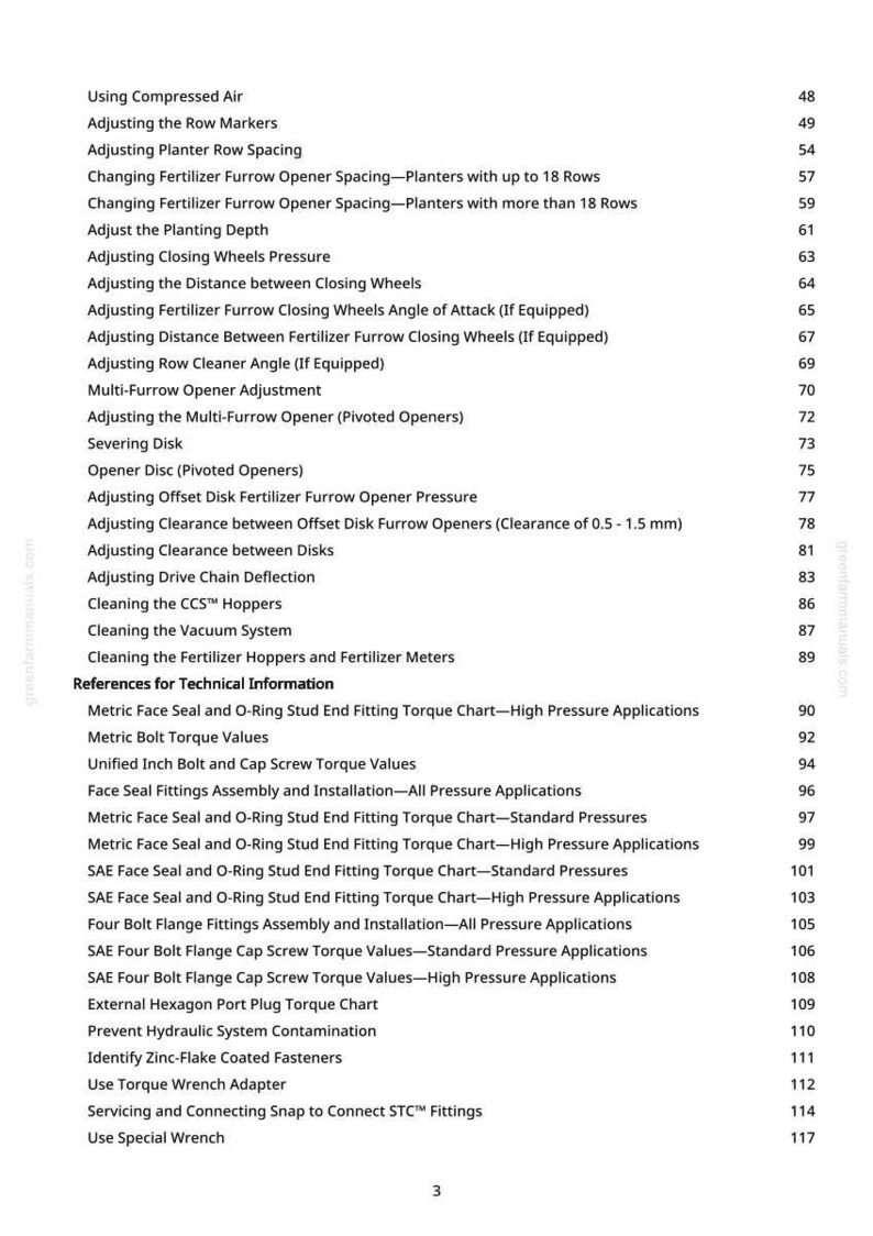 May include: A page from a manual with a list of agricultural equipment maintenance procedures. The text includes instructions for adjusting various components, such as row markers, openers, and closing wheels. The page number is 3.