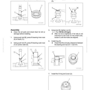 May include: Diagrams showing the disassembly and assembly of a mechanical component, with instructions for removing rings, seals, and installing parts. Includes measurements in Nm and mm.