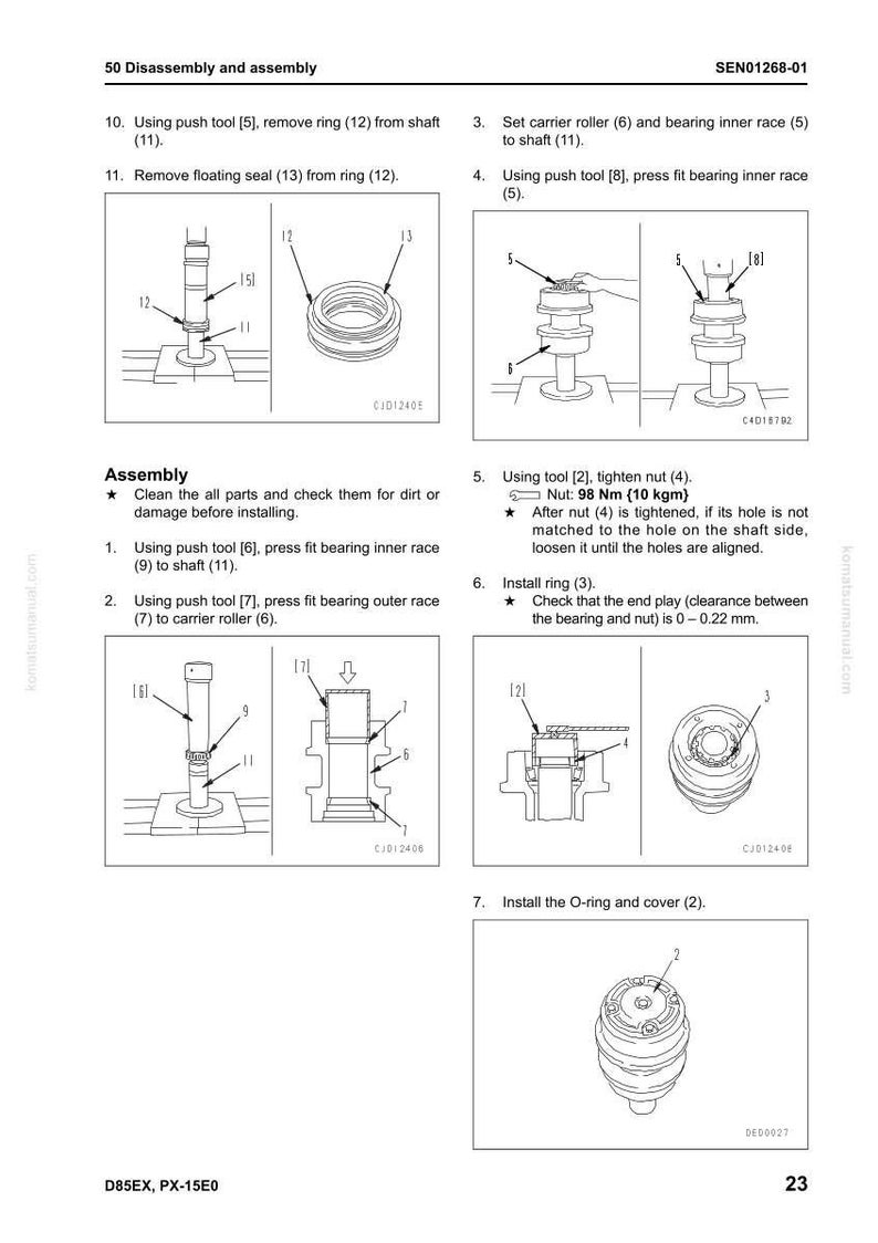 May include: Diagrams showing the disassembly and assembly of a mechanical component, with instructions for removing rings, seals, and installing parts. Includes measurements in Nm and mm.