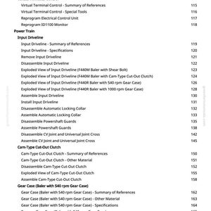 Może przedstawiać: Strona z instrukcji z indeksem. Tekst zawiera tematy takie jak &bdquo;Virtual Terminal Control&rdquo;, &bdquo;Input Driveline&rdquo; i &bdquo;Gear Case&rdquo;. Numery stron są wymienione po prawej stronie.