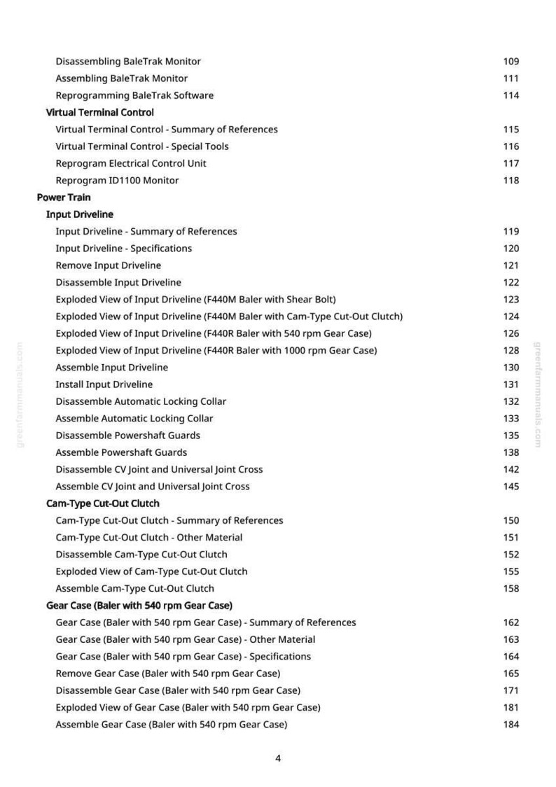 Może przedstawiać: Strona z instrukcji z indeksem. Tekst zawiera tematy takie jak &bdquo;Virtual Terminal Control&rdquo;, &bdquo;Input Driveline&rdquo; i &bdquo;Gear Case&rdquo;. Numery stron są wymienione po prawej stronie.