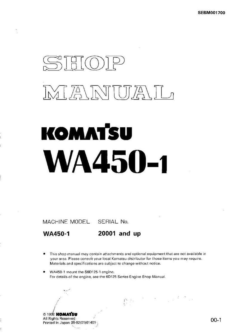 以下が含まれることがあります： コマツWA450-1のショップマニュアル。表紙には「SHOP MANUAL」のタイトルが太字で表示され、コマツのロゴと「WA450-1」が続きます。機械モデルとシリアル番号の情報が含まれています。日本で印刷されました。