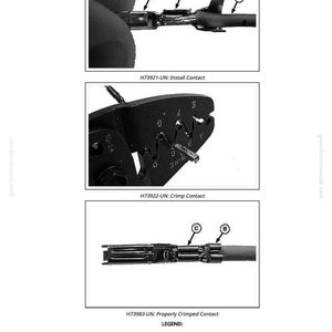 May include: Diagrams illustrating the installation and crimping of electrical contacts. The images show the steps with labels for wire, insulation crimp, and wire crimp contact. Text includes "H73921-UN: Install Contact", "H73922-UN: Crimp Contact", and "H73983-UN: Properly Crimped Contact".