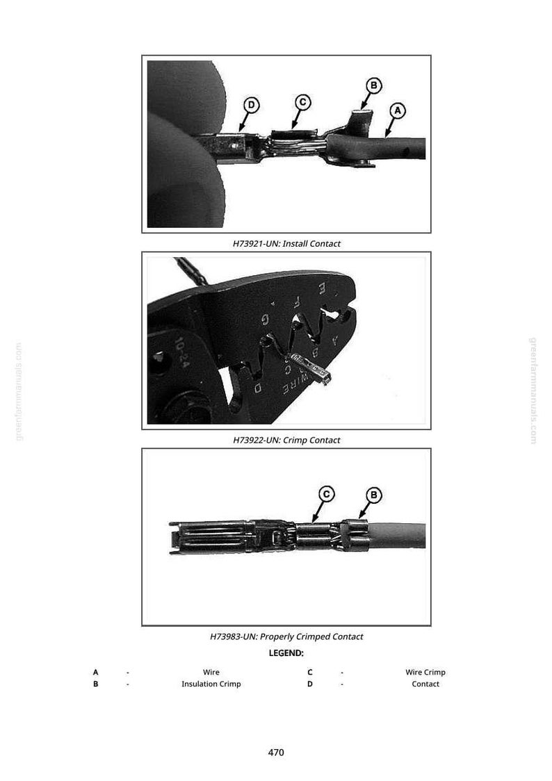 May include: Diagrams illustrating the installation and crimping of electrical contacts. The images show the steps with labels for wire, insulation crimp, and wire crimp contact. Text includes "H73921-UN: Install Contact", "H73922-UN: Crimp Contact", and "H73983-UN: Properly Crimped Contact".