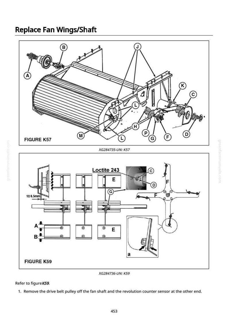 May include: Diagram showing fan components with labels, including a cylindrical fan housing, labelled A to M, and other parts. The text "Replace Fan Wings/Shaft" is at the top.