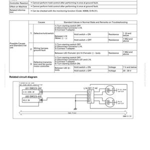 May include: A troubleshooting guide for failure code DDWLLD, detailing possible causes and standard values. Includes a circuit diagram with components like L14, L61, and L62, and a hold switch.