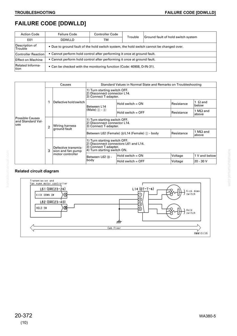 May include: A troubleshooting guide for failure code DDWLLD, detailing possible causes and standard values. Includes a circuit diagram with components like L14, L61, and L62, and a hold switch.