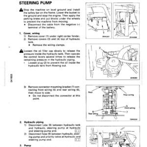 May include: Diagram of hydraulic steering pump removal, with step-by-step instructions and illustrations. Includes wiring, piping, and pump removal procedures. Text includes safety warnings and part numbers.