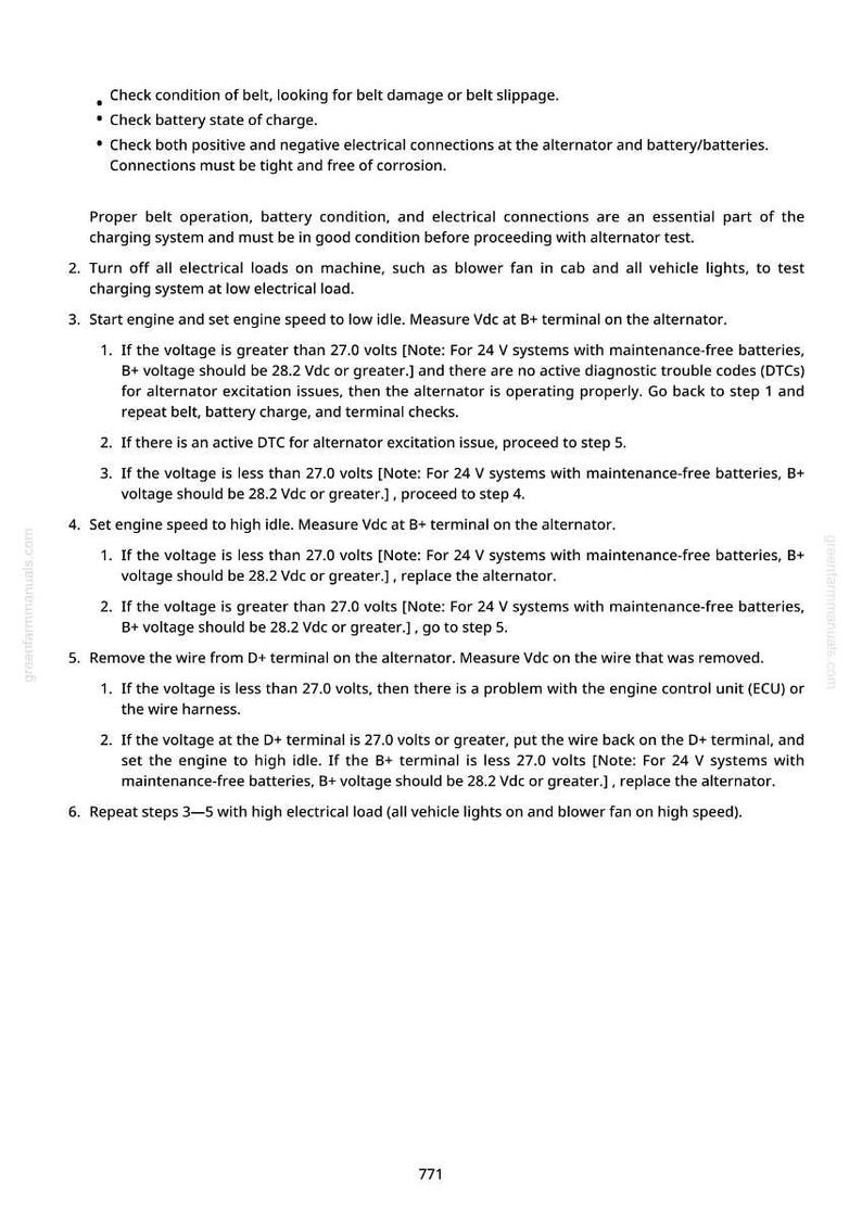 May include: A page from a manual with troubleshooting steps for an alternator. The text includes instructions on checking voltage, connections, and battery charge. The page has a white background with black text and the number 771 at the bottom.