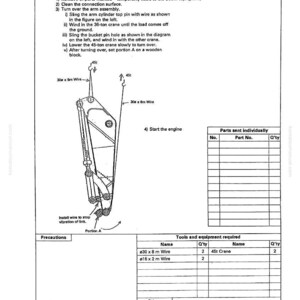 May include: Diagram from a manual showing the connection of an arm assembly to a boom. The image includes a detailed illustration of the assembly process, with labels and instructions. It also includes a parts list and required tools.