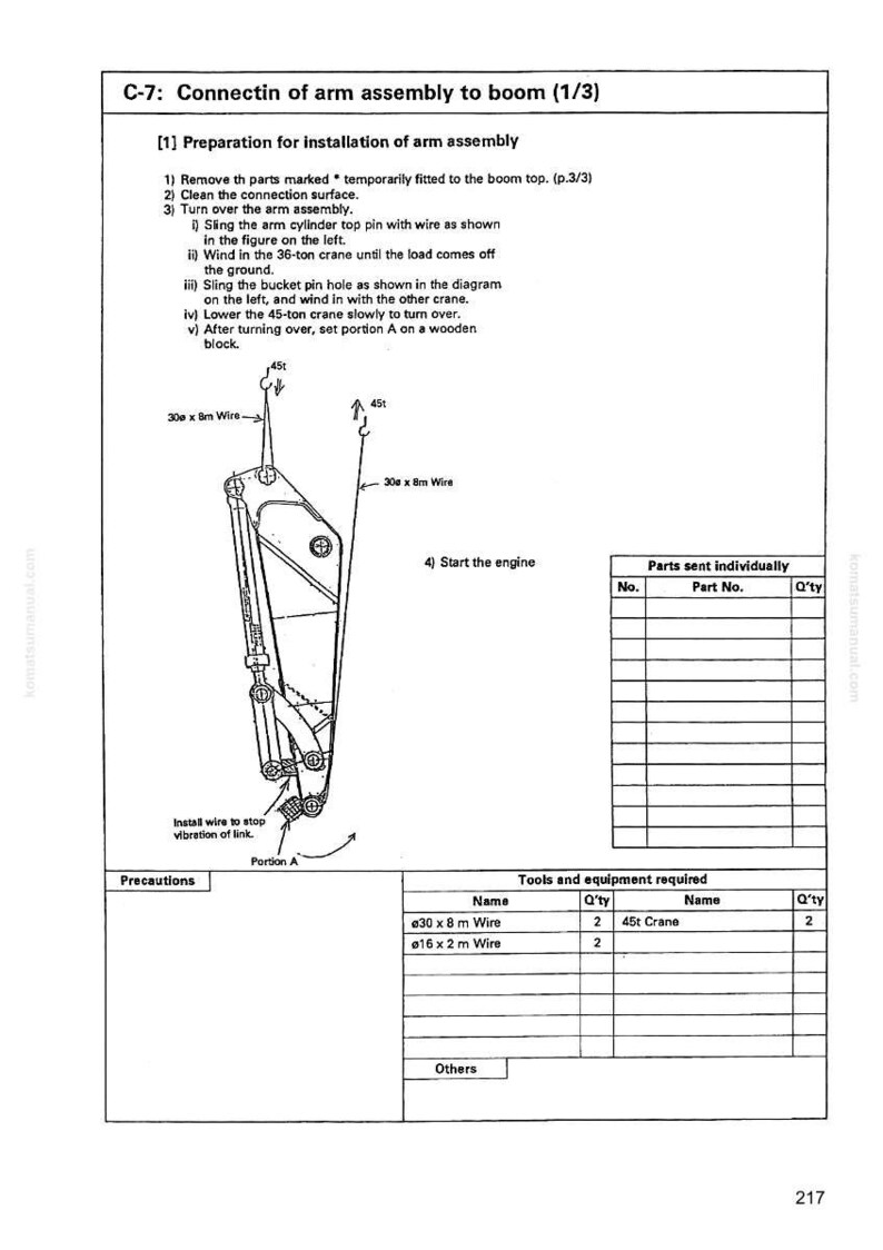 May include: Diagram from a manual showing the connection of an arm assembly to a boom. The image includes a detailed illustration of the assembly process, with labels and instructions. It also includes a parts list and required tools.