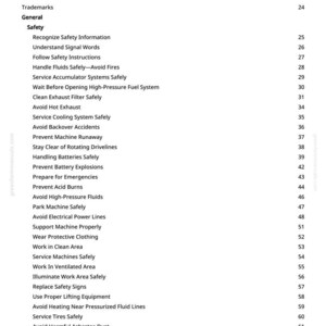 Puede incluir: Una p&aacute;gina de un manual titulada "Tabla de Contenidos" con una lista de temas relacionados con la seguridad. El texto es negro sobre un fondo blanco, con n&uacute;meros de p&aacute;gina a la derecha. Los temas incluyen instrucciones de seguridad y mantenimiento.