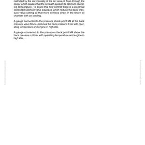 May include: A page from a manual titled "HYDRAULIC OIL COOLING" with text describing oil flow control and pressure checks. The text mentions a gauge showing 8 bar back pressure. The page includes a diagram reference "4.2 Hydraulic oil cooling circuit".