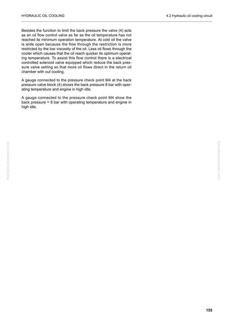 May include: A page from a manual titled "HYDRAULIC OIL COOLING" with text describing oil flow control and pressure checks. The text mentions a gauge showing 8 bar back pressure. The page includes a diagram reference "4.2 Hydraulic oil cooling circuit".