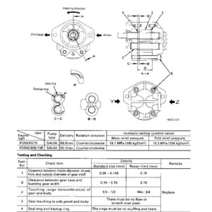 May include: Diagram of a hydraulic pump (single type) with detailed views and specifications. Includes measurements in millimeters, pressure in MPa, and torque in Nm. Features labels for intake, discharge, and various components.