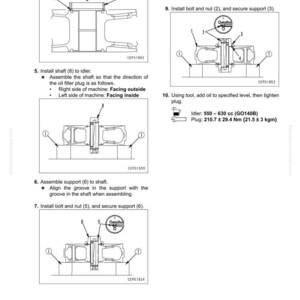May include: Diagram from a manual showing the disassembly and assembly of an idler. The diagram includes numbered steps with illustrations of parts, bolts, and shafts. Text includes instructions for aligning grooves and installing components.