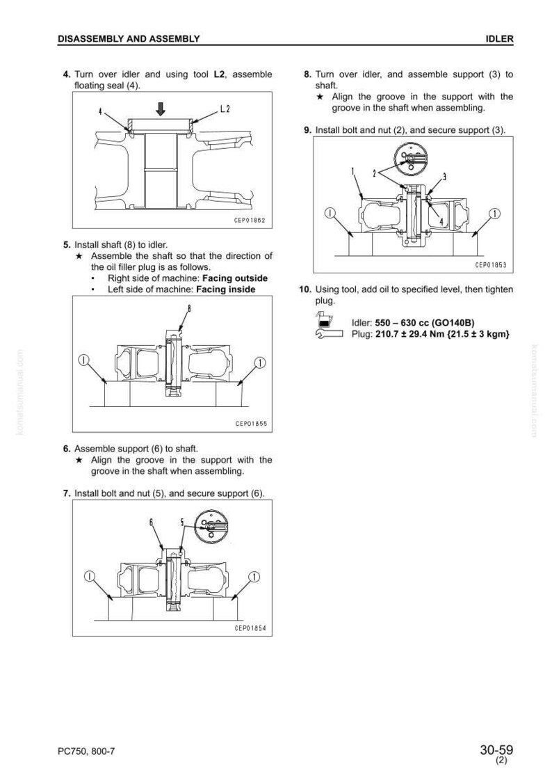 May include: Diagram from a manual showing the disassembly and assembly of an idler. The diagram includes numbered steps with illustrations of parts, bolts, and shafts. Text includes instructions for aligning grooves and installing components.