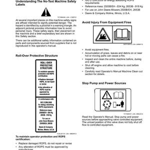 May include: A white document with black text titled "Safety Labels No-Text" with safety instructions and diagrams. Includes warnings about injury, fire, and equipment operation. Contains text about ROPS certification and ISO standards.