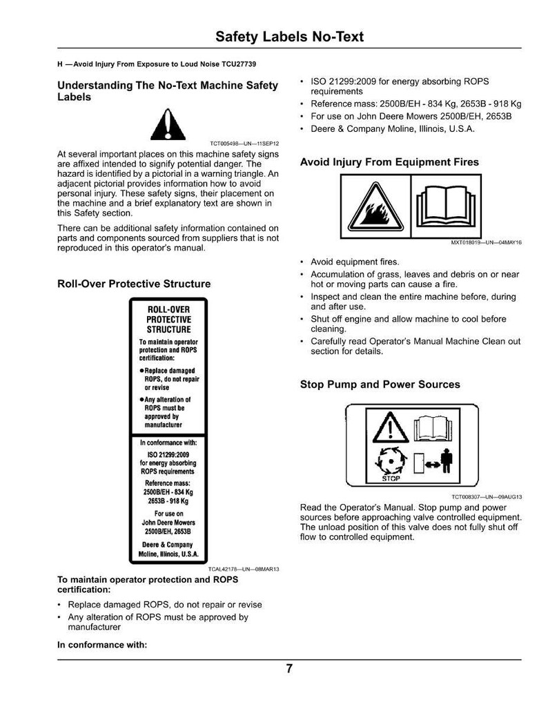 May include: A white document with black text titled "Safety Labels No-Text" with safety instructions and diagrams. Includes warnings about injury, fire, and equipment operation. Contains text about ROPS certification and ISO standards.
