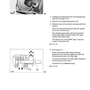 May include: Diagram of a fan drive assembly with labels and measurements. The diagram includes a thrust sleeve, capstan nut, and shims. The locking dimension (K) is 25.1 mm, and the stroke dimension (H) is 22.1 mm.
