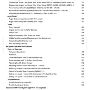May include: A detailed table of contents from a manual, featuring a list of technical procedures and system descriptions. The text is black on a white background, with page numbers on the right. Topics include repair, tanks, and air system operation.