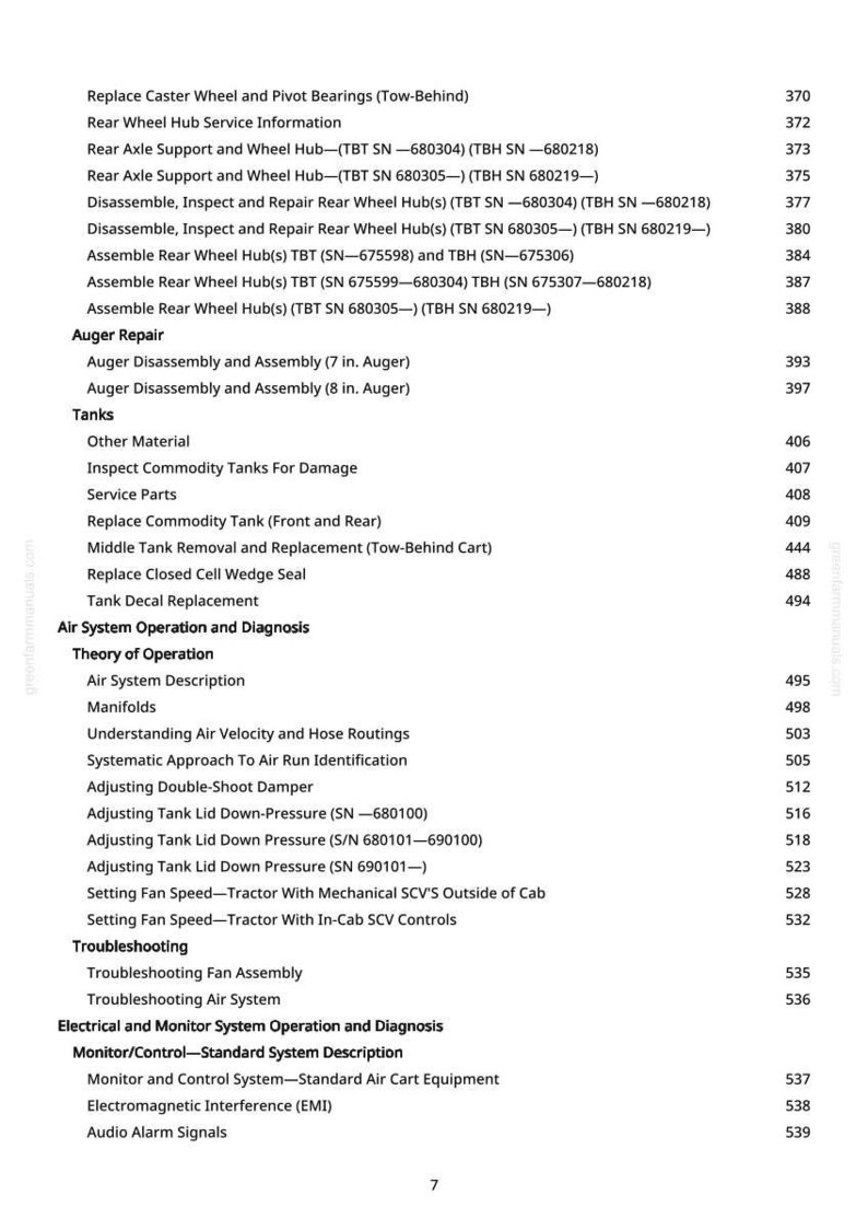 May include: A detailed table of contents from a manual, featuring a list of technical procedures and system descriptions. The text is black on a white background, with page numbers on the right. Topics include repair, tanks, and air system operation.