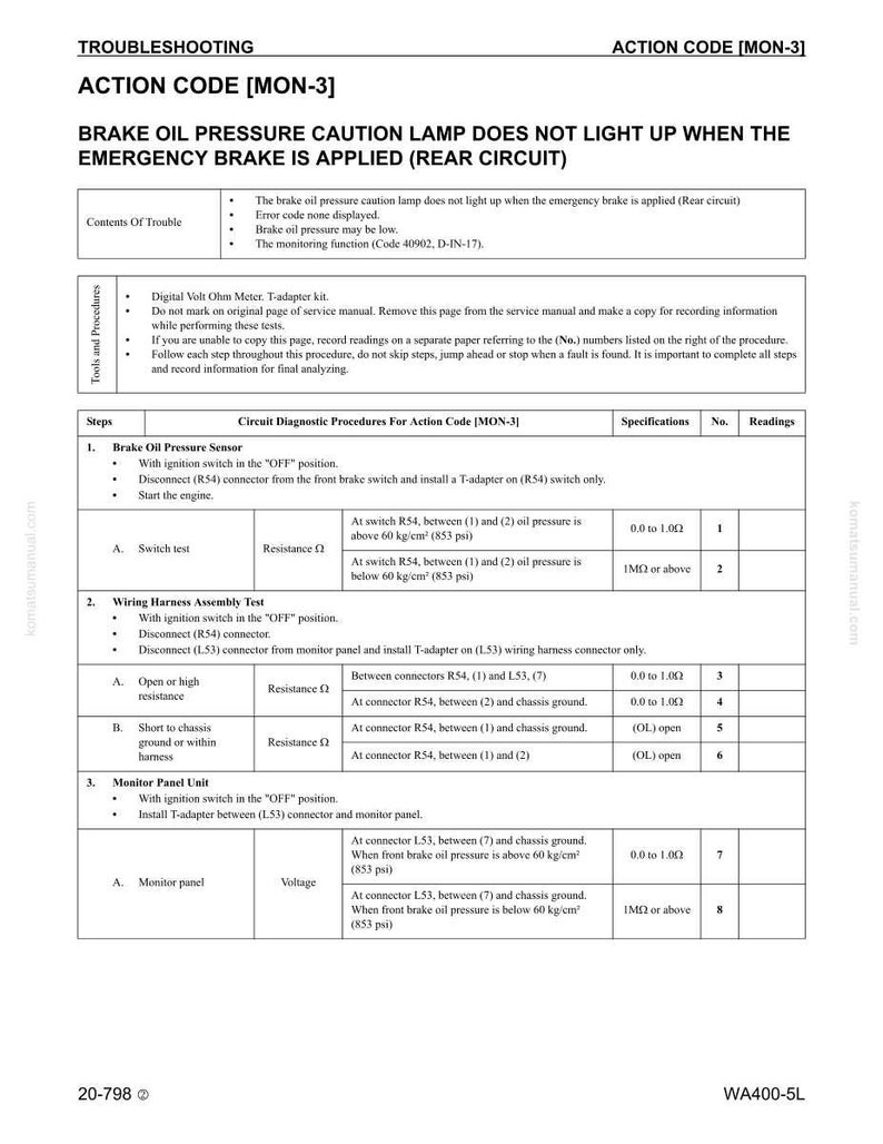 Puede incluir: Una gu&iacute;a de soluci&oacute;n de problemas para el sistema de frenos de un veh&iacute;culo, que detalla los procedimientos para la luz de advertencia de presi&oacute;n de aceite de freno. Incluye especificaciones, lecturas y procedimientos de diagn&oacute;stico de circuitos para el c&oacute;digo de acci&oacute;n MON-3.