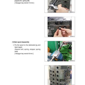 May include: Technical diagram illustrating the disassembly of a check valve and main spool. The image shows close-ups of mechanical components, including plugs, springs, and a hexagon key wrench. The text provides instructions for the disassembly process.