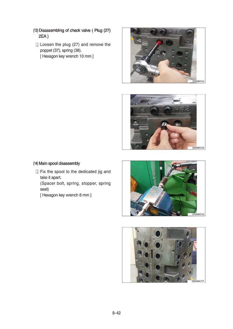 May include: Technical diagram illustrating the disassembly of a check valve and main spool. The image shows close-ups of mechanical components, including plugs, springs, and a hexagon key wrench. The text provides instructions for the disassembly process.