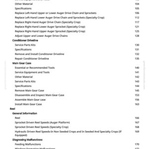 Puede incluir: Una detallada tabla de contenidos de un manual, con secciones como "Accionamientos de la barrena", "Transmisi&oacute;n del acondicionador" y "Caja de engranajes principal". Cada secci&oacute;n enumera temas espec&iacute;ficos con n&uacute;meros de p&aacute;gina, ofreciendo una visi&oacute;n general.