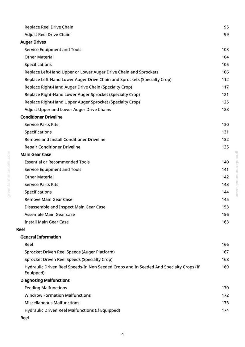 Puede incluir: Una detallada tabla de contenidos de un manual, con secciones como "Accionamientos de la barrena", "Transmisi&oacute;n del acondicionador" y "Caja de engranajes principal". Cada secci&oacute;n enumera temas espec&iacute;ficos con n&uacute;meros de p&aacute;gina, ofreciendo una visi&oacute;n general.
