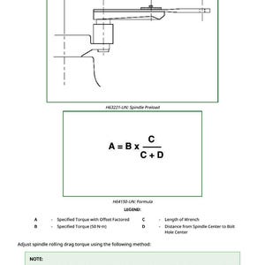 May include: Diagram with formulas and instructions for adjusting spindle rolling drag torque. Includes a diagram labeled H63221-UN: Spindle Preload and a formula labeled H64150-UN: Formula. The note section explains the use of meters for measurement.